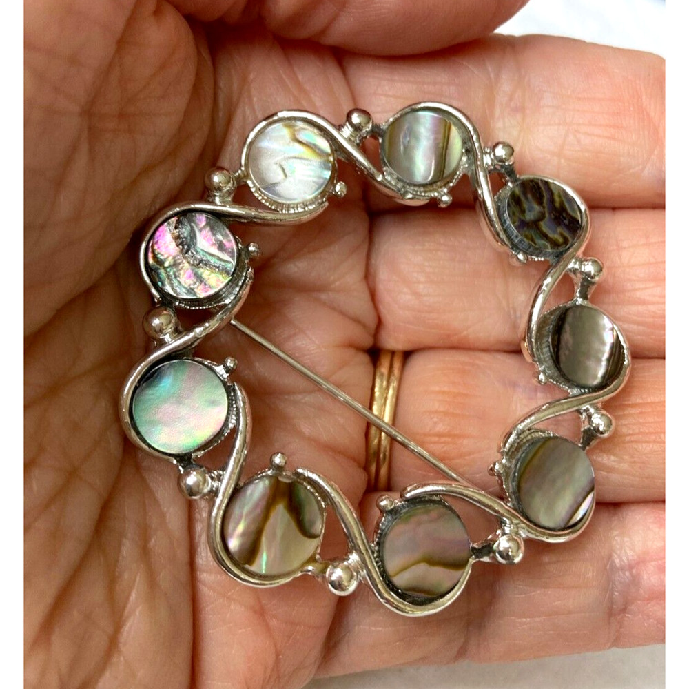 Abalone Shell Circle Pin Brooch Silver Tone Estate Jewelry